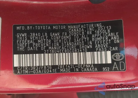 2013 Toyota Corolla Le из США, поврежденный, VIN 2T1BU4EE8DC083410